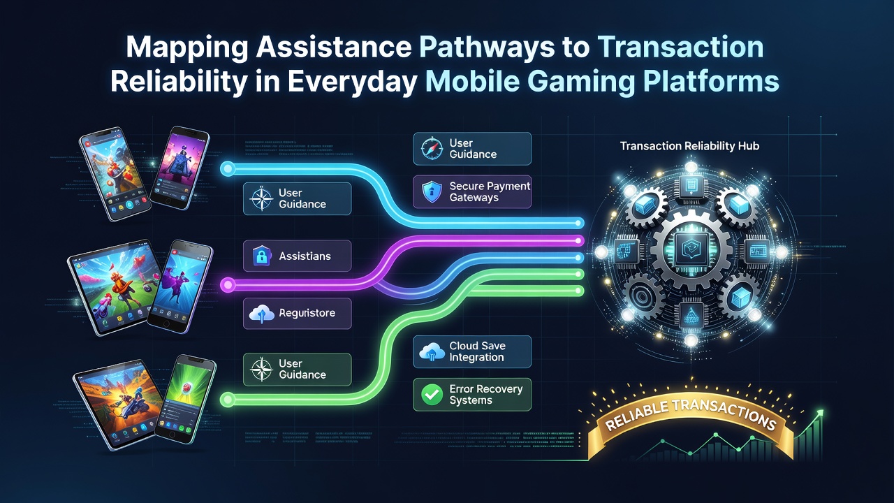 Illustration of mobile gaming transaction flows connecting user devices to support pathways